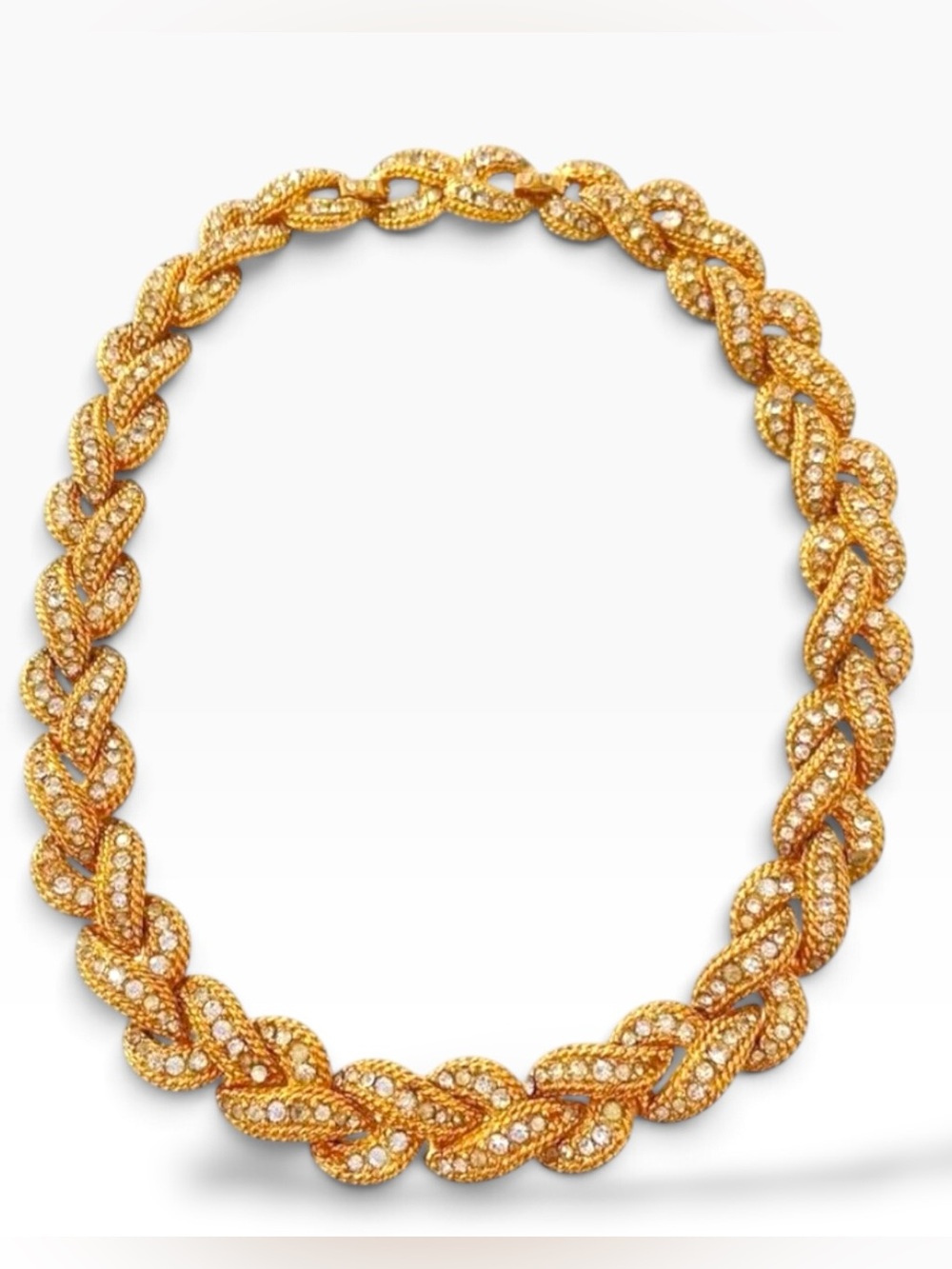 Vintage Gold Tone Rhinestone Braided Link Statement Necklace 80s 90s Department